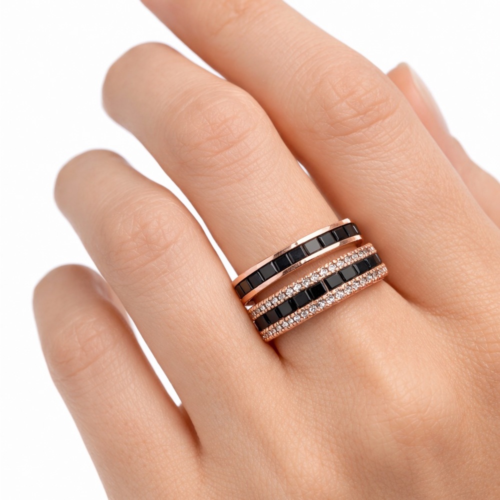 Rose Gold Black Crystal Stackable Ring - Women's Fashion Jewelry